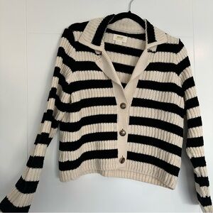 Maeve Black and Cream Striped Knit Cardigan